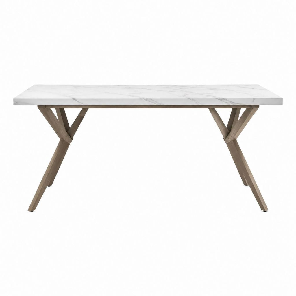 Table à manger rectangulaire blanche plateau en MDF décor marbre pieds en bois d'hévéa 180 x 90 x 76 cm