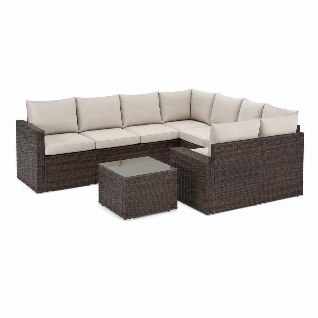 Salon de jardin d'angle 5 places marron en résine tressée PE avec coussins beige et table basse 250 x 190 x 65 cm