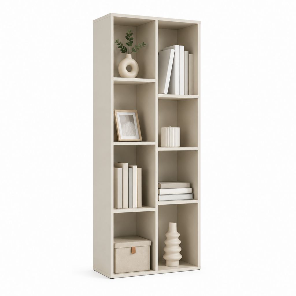 Bibliothèque de rangement beige en panneaux de particules mélaminés 80 x 30 x 180 cm à 8 niches
