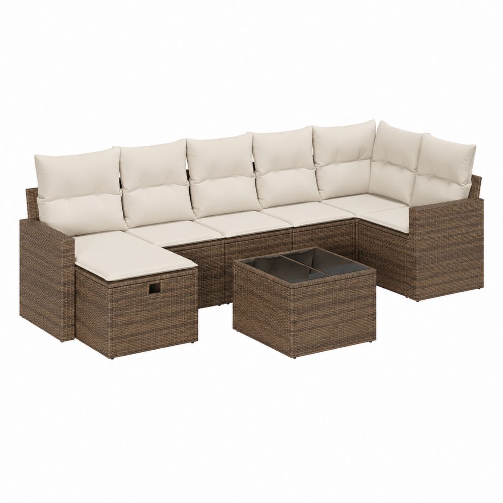 Salon de jardin d'angle 8 pièces marron en polyrotin avec coussins crème 210 x 210 x 60 cm