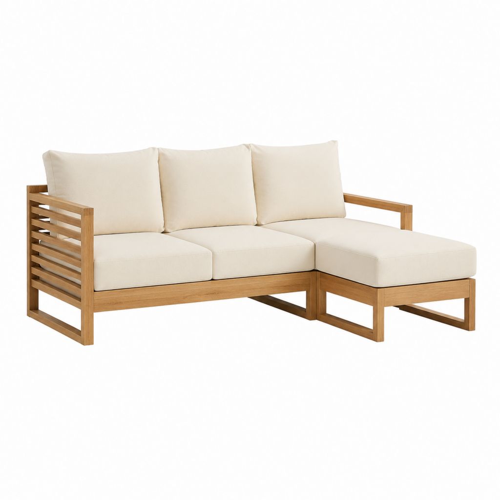 Canapé de jardin d'angle 3 places beige en acacia massif avec coussins 220 x 150 x 80 cm