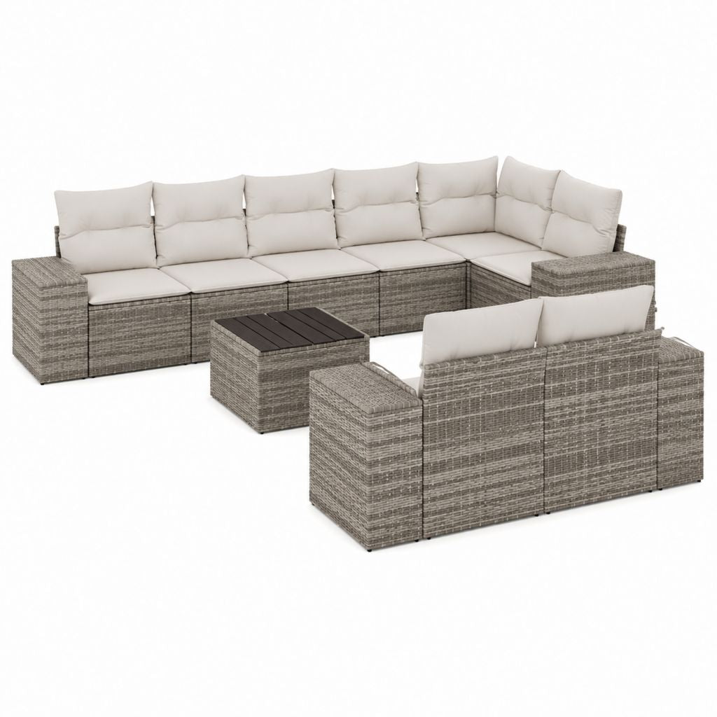 Salon de jardin d'angle modulable 7 pièces gris en résine tressée PE avec coussins beige 300 x 220 x 75 cm