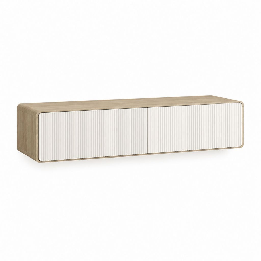 Meuble TV 2 portes rectangulaire chêne clair et blanc en panneaux de particules 160 x 40 x 45 cm