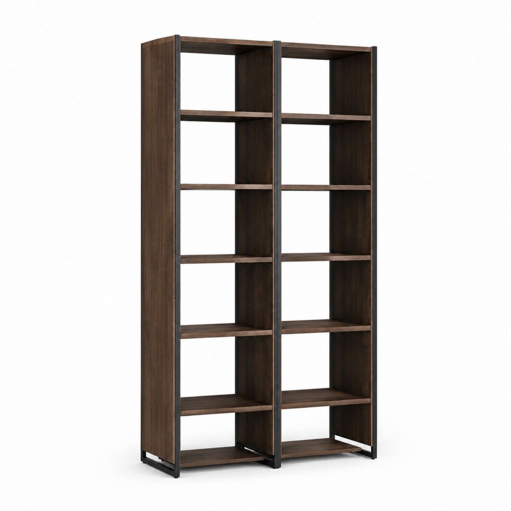Bibliothèque 12 niches noyer foncé MDF et acier 120 x 30 x 200 cm