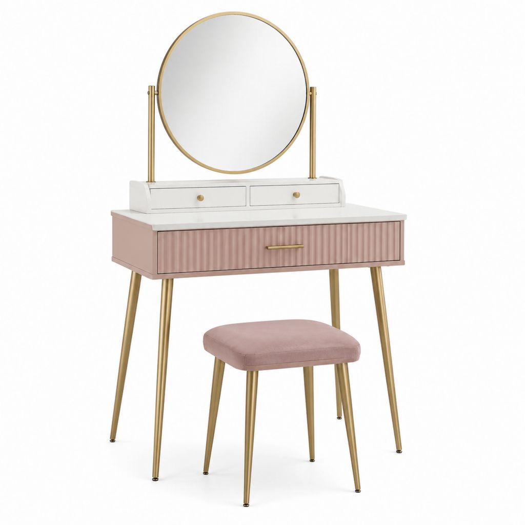 Coiffeuse avec miroir rond rose et blanc en MDF 80 x 40 x 140 cm avec tabouret