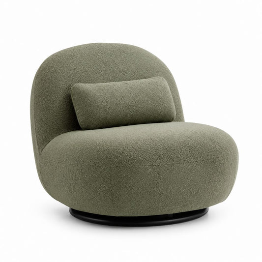 Fauteuil pivotant vert olive en tissu bouclette polyester forme arrondie 86 x 88 x 78 cm