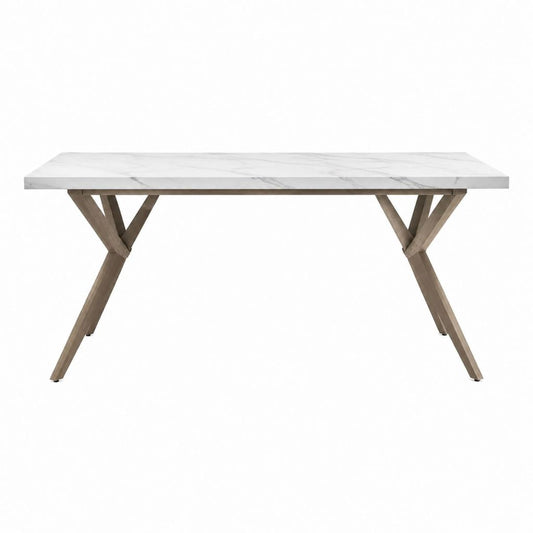 Table à manger rectangulaire blanche plateau en MDF décor marbre pieds en bois d'hévéa 180 x 90 x 76 cm