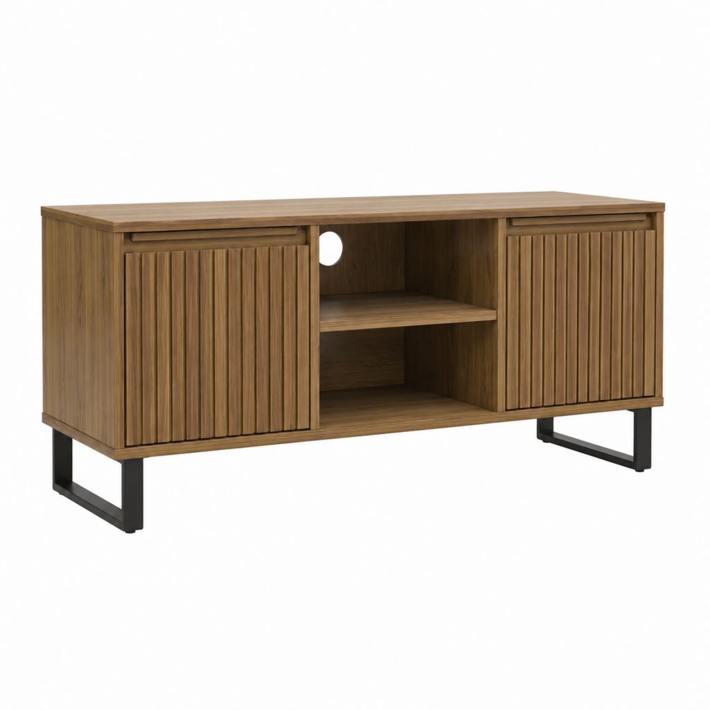 Meuble TV rectangulaire noyer en MDF 120 x 40 x 60 cm avec portes coulissantes et passe-câble
