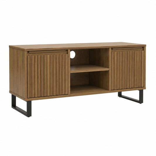 Meuble TV rectangulaire noyer en MDF 120 x 40 x 60 cm avec portes coulissantes et passe-câble