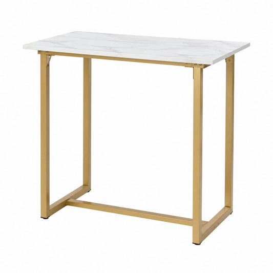 Table à manger rectangulaire blanche effet marbre avec piètement en acier doré 120 x 60 x 75 cm