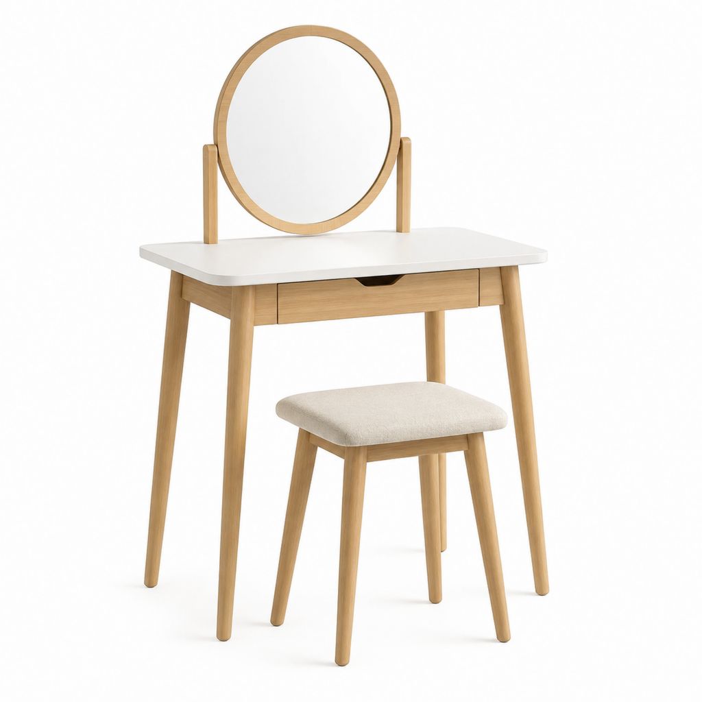 Coiffeuse avec miroir rond et tabouret blanc naturel beige 80 x 40 x 130 cm