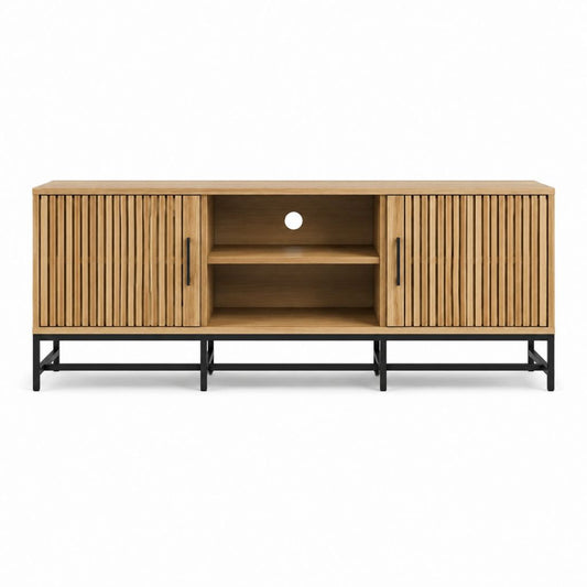 Meuble TV en chêne naturel avec portes rainurées et piètement en acier noir 160 x 40 x 75 cm