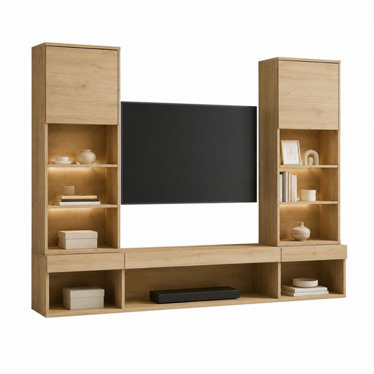 Ensemble meuble TV mural chêne clair en panneaux mélaminés 240 x 40 x 200 cm
