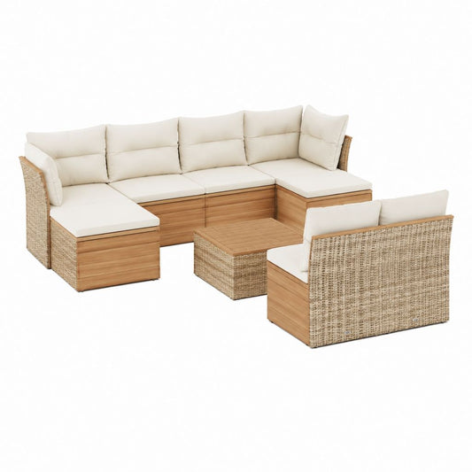 Salon de jardin d'angle 5 places avec fauteuil et table basse beige en acacia massif et résine tressée PE 300 x 230 x 75 cm