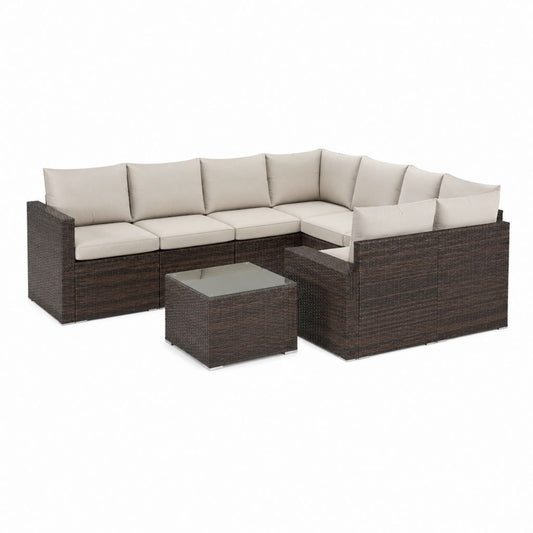 Salon de jardin d'angle 5 places marron en résine tressée PE avec coussins beige et table basse 250 x 190 x 65 cm