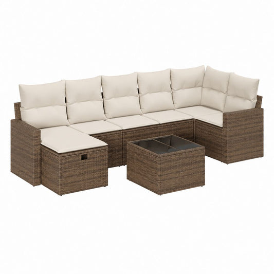 Salon de jardin d'angle 8 pièces marron en polyrotin avec coussins crème 210 x 210 x 60 cm