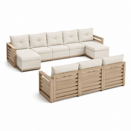 Salon de jardin modulable 5 places en acacia massif beige en U 410 x 170 x 70 cm
