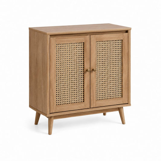 Meuble de rangement salle de bain 2 portes chêne et rotin 80 x 40 x 90 cm