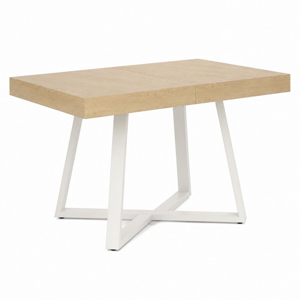 Table à manger extensible beige et blanc en panneau MDF plaqué chêne et acier 160-200 x 90 x 76 cm