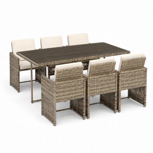 Salon de jardin repas 7 pièces en résine tressée gris beige avec table rectangulaire 200 x 100 x 74 cm