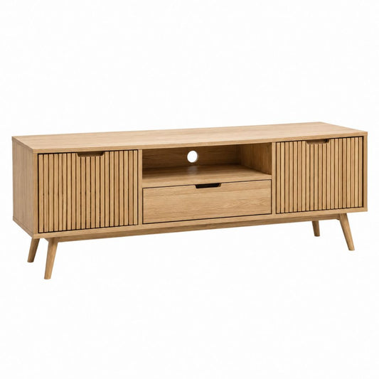 Meuble TV 160 x 40 x 60 cm chêne clair en MDF plaqué avec portes rainurées
