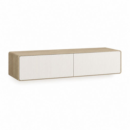 Meuble TV 2 portes rectangulaire chêne clair et blanc en panneaux de particules 160 x 40 x 45 cm