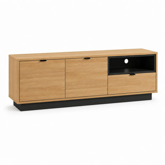 Meuble TV 160 cm chêne clair en panneaux de particules avec rangement noir