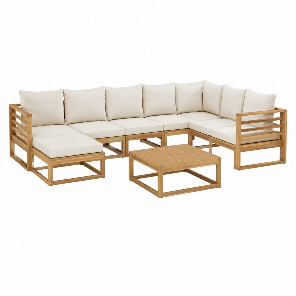 Salon de jardin d'angle 7 pièces en bambou naturel avec coussins crème 350 x 140 x 60 cm
